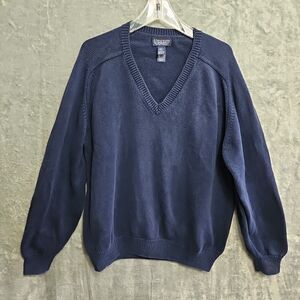 LANDS' END Men's Sz Lg BLUE NAVY V-NECK PULLOVER SWEATER 100% COTTON USA
